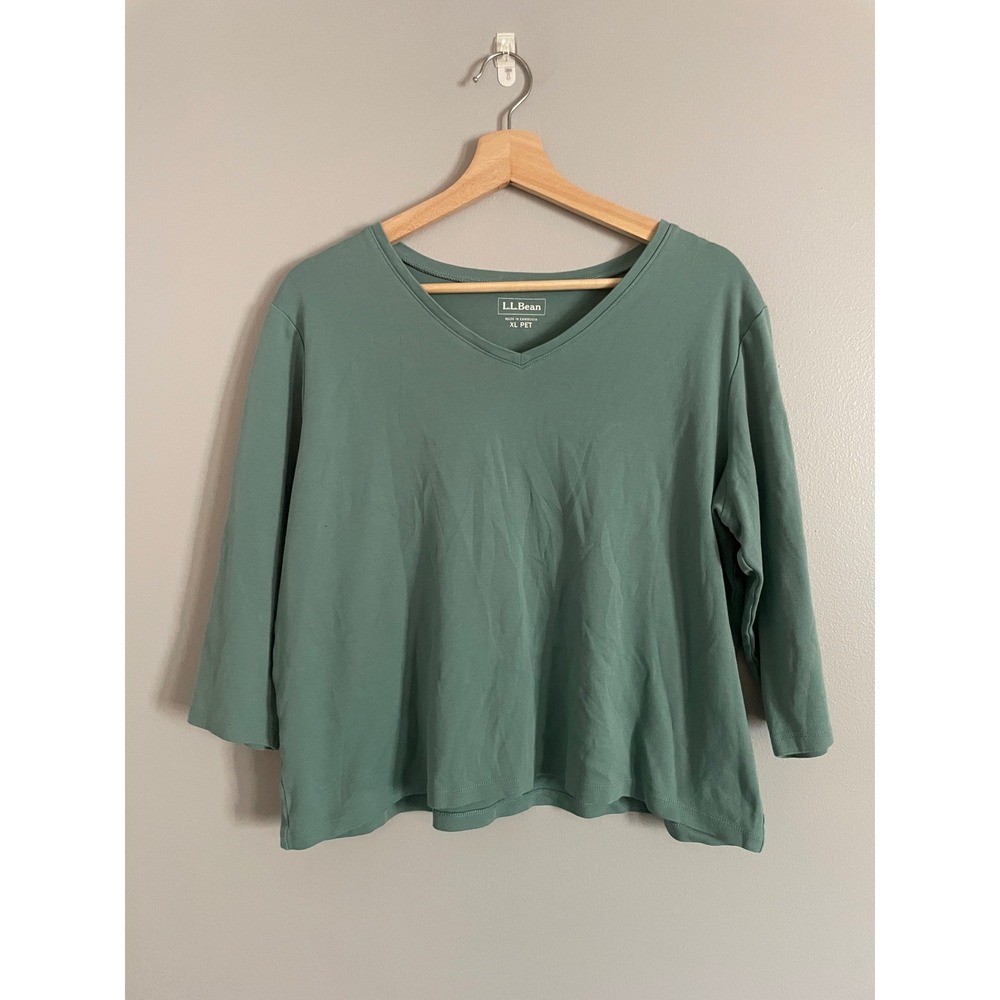 LL Bean V-Neck Top Womens XL Petite Green 3/4 Sleeve Cotton Casual Gorpcore